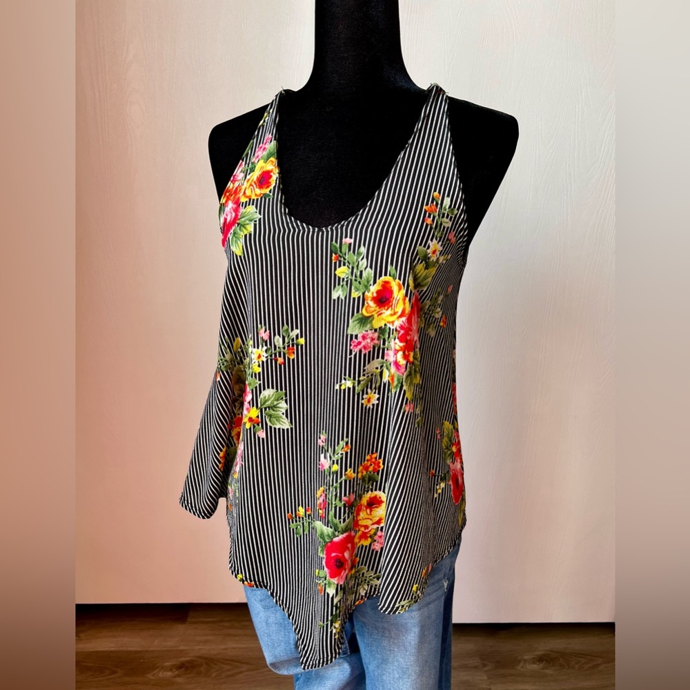 Floral Black Striped Women's Tank Top